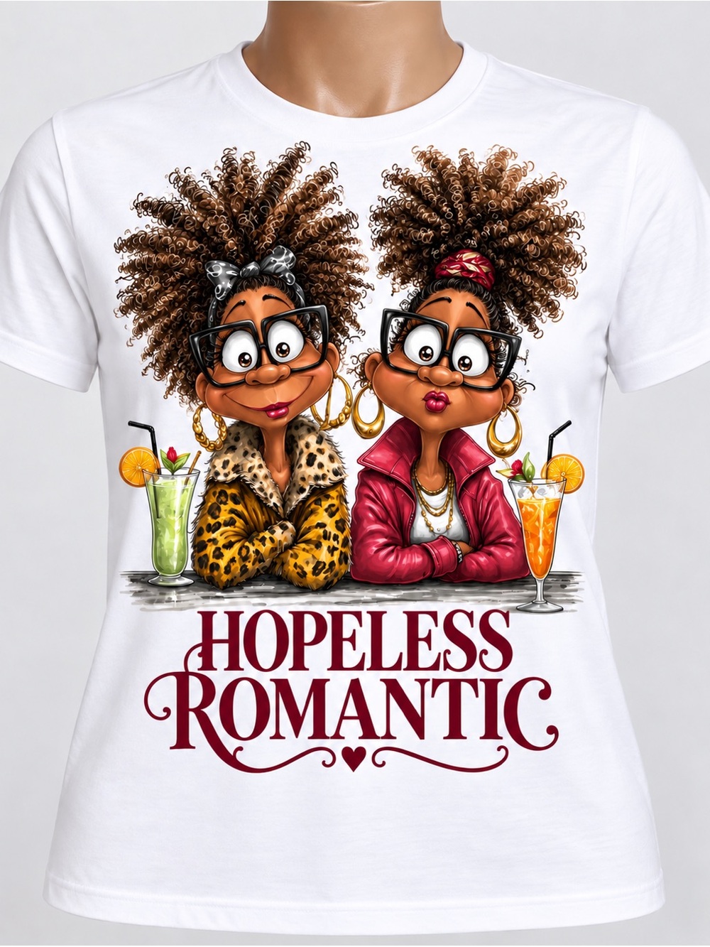 Gildan White Tee with Colorful 'Hopeless Romantic' Illustration